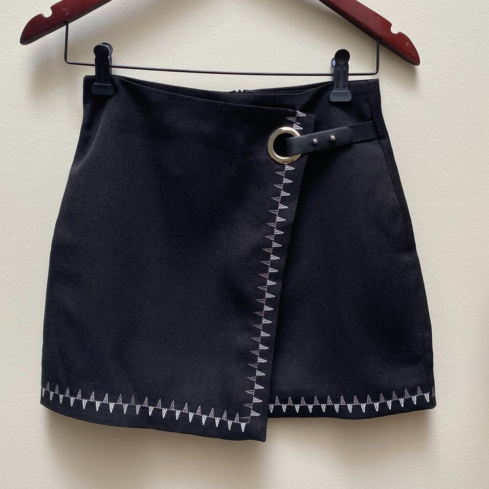 New w/Tag Women's Solid Black High Waist Wrap Asymmetrical Trim Mini Skirt